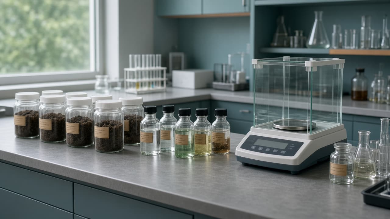 Food and environmental testing samples on a laboratory bench