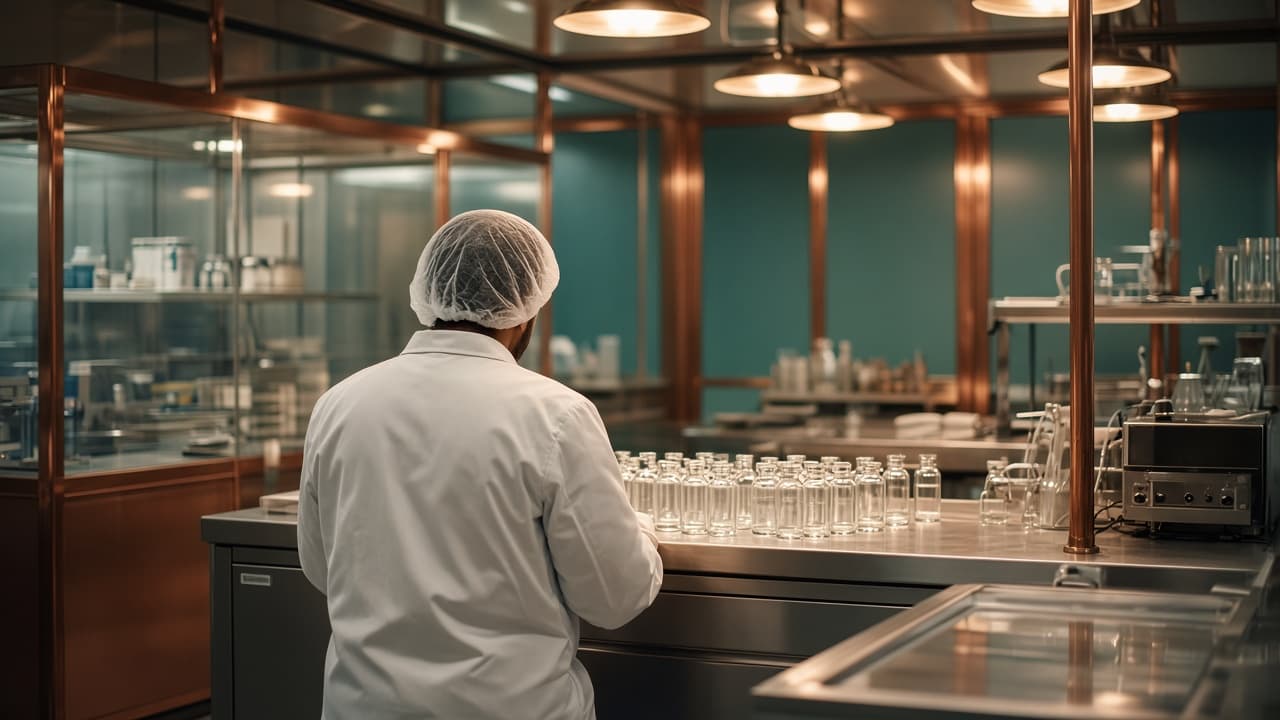 Pharmaceutical QC analyst reviewing sample vials