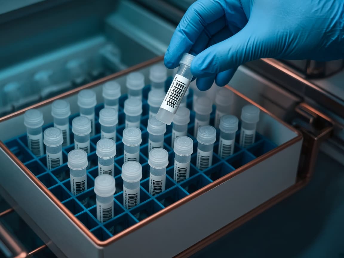 Barcoded laboratory sample vials in a storage box